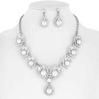 CRYSTAL RHINESTONE WITH PEARL LEAF V SHAPE COLLAR EVENING NECKLACE AND EARRINGS SET