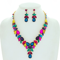 CRYSTAL RHINESTONE CLUSTER V-SHAPE NECKLACE SET