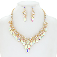 CRYSTAL V-SHAPE VINE LEAF BIB NECKLACE EARRINGS SET