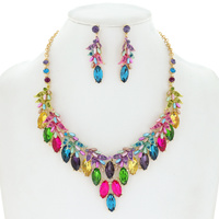CRYSTAL V-SHAPE VINE LEAF BIB NECKLACE EARRINGS SET