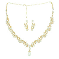 LEAF VINE PEARL RHINESTONE CLUSTER NECKLACE SET