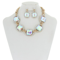 Chunky Oval Gem Link Necklace and Earrings Set