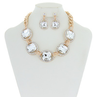Chunky Oval Gem Link Necklace and Earrings Set