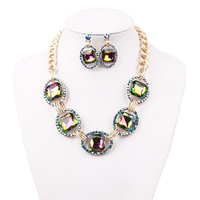 Chunky Oval Gem Link Necklace And Earrings Set Nby1620Grb