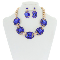 Chunky Oval Gem Link Necklace And Earrings Set Nby1620Gry
