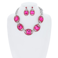 CHUNKY OVAL RHINESTONE GEM LINK NECKLACE EARRING SET
