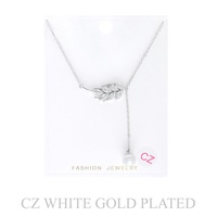 GOLD PLATED CZ OLIVE VINE PEARL LARIAT NECKLACE