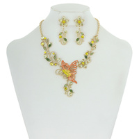 Metal with Stones Butterfly and Flowers Necklace and Earrings Set