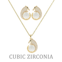 AUTHENTIC CUBIC ZIRCONIA JAGUAR SIMULATED PEARL NECKLACE EARRING SET