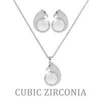 AUTHENTIC CUBIC ZIRCONIA JAGUAR SIMULATED PEARL NECKLACE EARRING SET