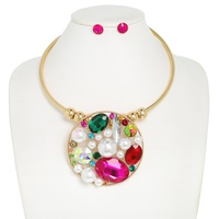 GEMSTONE CLUSTER DISC COLLAR PENDANT NECKLACE SET