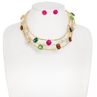3-ROW GEMSTONE METAL STATION BIB NECKLACE SET