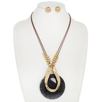 BOHO DISC METALLIC BEADED CORD NECKLACE SET