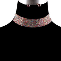 13 LINE CRYSTAL RHINESTONE CHOKER NECKLACE AND EARRINGS SET