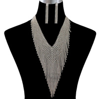 CRYSTAL RHINESTONE FRINGE STATEMENT BIB NECKLACE AND EARRINGS SET