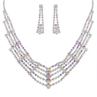 15.5" CRYSTAL RHINESTONE MULTI STRAND ADJUSTABLE V-SHAPE BIB NECKLACE EARRING SET