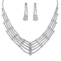 15.5" CRYSTAL RHINESTONE MULTI STRAND ADJUSTABLE V-SHAPE BIB NECKLACE EARRING SET
