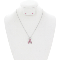Stone Encrusted Pink Ribbon Pendant Necklace And Earrings Set Nel216R