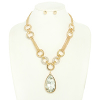 METALLIC CRYSTAL TEARDROP PENDANT NECKLACE SET