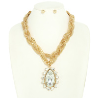 METALLIC CRYSTAL TEARDROP PENDANT NECKLACE SET