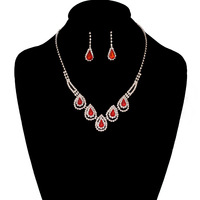 SILVER/RED BEAUTIFUL NECKLACE & EARRING SET W/ RHINESTONES