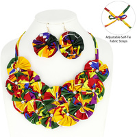 AFRICA PRINT FABRIC FLOWER NECKLACE AND EARRINGS SET