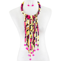 ANKARA AFRICAN PRINT FABRIC LONG FRINGE DROP BIB NECKLACE AND EARRINGS SET