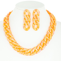 FASHION GEM STONE TRANSPARENT PLASTIC CHAIN NECKLACE AND EARRINGS SET