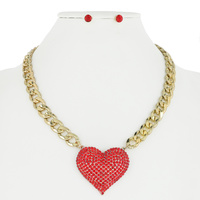 HEART RHINESTONE PENDANT CHAIN LINK NECKLACE AND EARRINGS SET