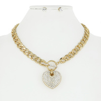 HEART RHINESTONE PENDANT TOGGLE CHAIN LINK NECKLACE AND EARRINGS SET