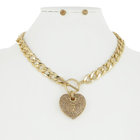 HEART RHINESTONE PENDANT TOGGLE CHAIN LINK NECKLACE AND EARRINGS SET