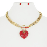 HEART RHINESTONE PENDANT TOGGLE CHAIN LINK NECKLACE AND EARRINGS SET