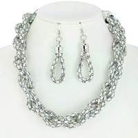 RECTANGLE RHINESTONE BRAIDED BIB NECKLACE AND EARRINGS SET