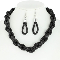 RECTANGLE RHINESTONE BRAIDED BIB NECKLACE AND EARRINGS SET