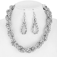 RECTANGLE RHINESTONE BRAIDED BIB NECKLACE AND EARRINGS SET