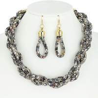 RECTANGLE RHINESTONE BRAIDED BIB NECKLACE AND EARRINGS SET