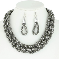 RECTANGLE RHINESTONE BRAIDED BIB NECKLACE AND EARRINGS SET