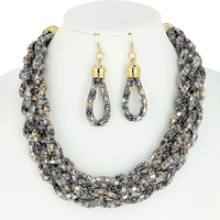 RECTANGLE RHINESTONE BRAIDED BIB NECKLACE AND EARRINGS SET