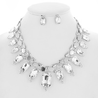 CRYSTAL RHINESTONE FRINGE SQUARE CHAIN LINK NECKLACE EARRING SET