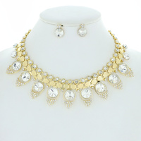 GEOMETRIC METAL CRYSTAL TEARDROP COLLAR NECKLACE EARRING SET