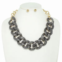 HIP HOP RHINESTONE CUBAN LINK BIB NECKLACE SET