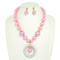 LARGE SIMULATED COLORED PEARL BEADED ADJUSTABLE CRYSTAL RHINESTONE OPEN CIRCLE PENDANT NECKLACE EARRING SET