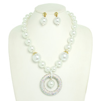 LARGE SIMULATED COLORED PEARL BEADED ADJUSTABLE CRYSTAL RHINESTONE OPEN CIRCLE PENDANT NECKLACE EARRING SET