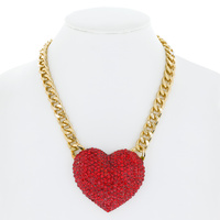 CRYSTAL RHINESTONE PAVE HEART PENDANT CUBAN LINK CHAIN ADJUSTABLE NECKLACE