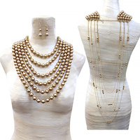 Multi Layer Pearl and Chain Body Necklace and Earrings Set