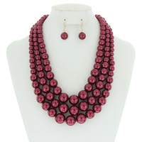 3 Layer Large Pearl Strands Extra Chunky Necklace and Earrings Set