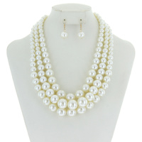 3 Layer Large Pearl Strands Extra Chunky Necklace And Earrings Set