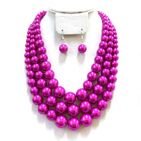 3 Layer Large Pearl Strands Extra Chunky Necklace and Earrings Set