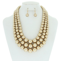3 Layer Large Pearl Strands Extra Chunky Necklace And Earrings Set