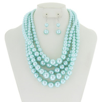 5 Layer Large Pearl Strands Extra Chunky Necklace And Earrings Set